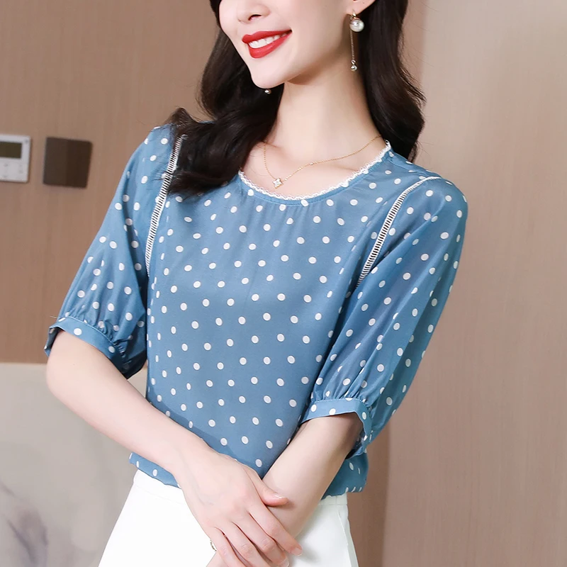 

100% Real Silk Women Casual Shirt Tops Summer Elegant O-neck Hollow Out Patchwork Half Sleeve Loose Lady Dot Print Blouse Shirts