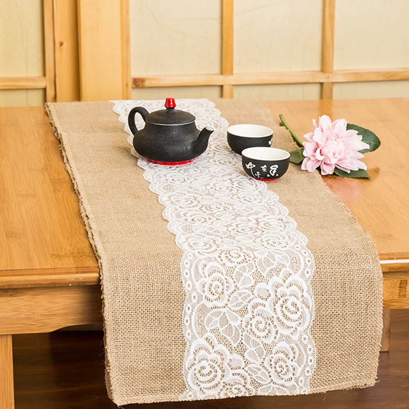 

2.8M Lace And Natural Jute Decor Tablecloth Imitated Linen Table Runner for Wedding Part Table Decornation