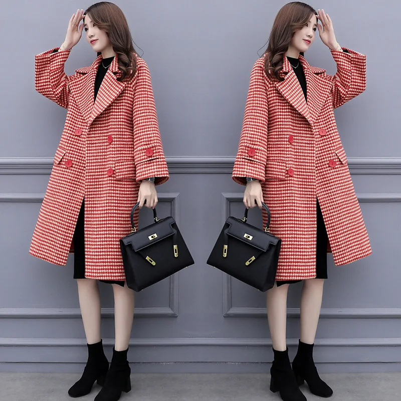 

Woolen Jacket 2019 Winter Fashion Elegant Mid-length Thousands of Birds Duffle Coat