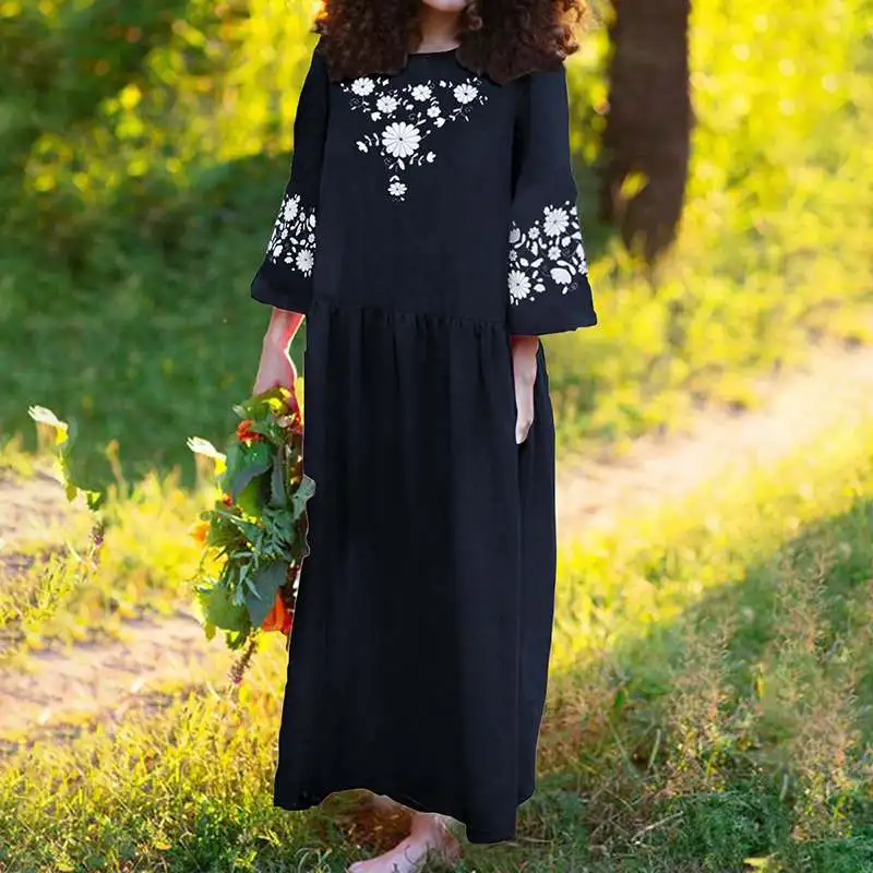 VONDA, винтажное платье с цветочным принтом, женское сексуальное платье, 3/4 рукав, макси, длинное платье, богемное, Vestidos, негабаритное, летнее, макси платье