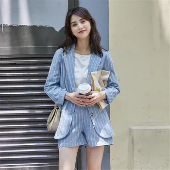 

2020 Spring New Women Cotton and Linen Suits Two Pieces Set Fashion Notched Full Sleeve Blazer Tops And Short Pant Clothes D515