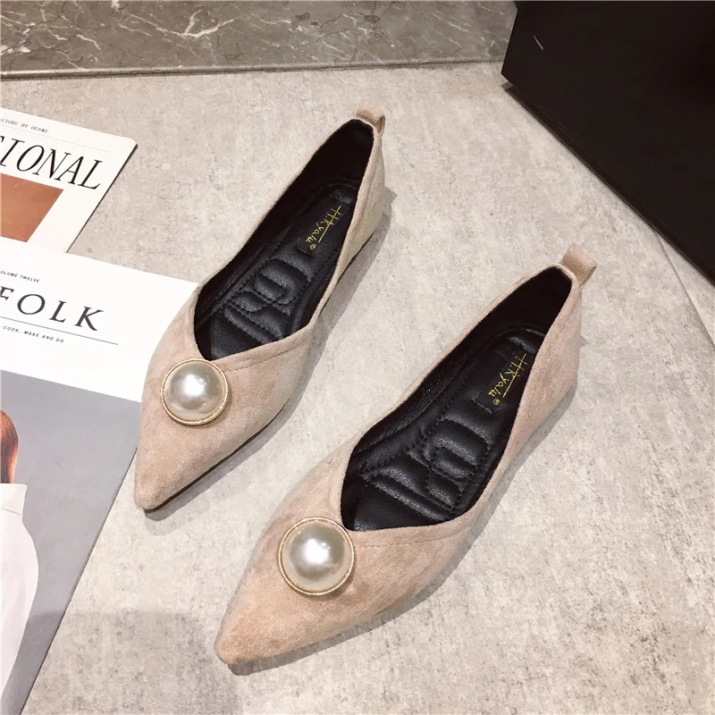 

2019 spring and autumn new women's shoes pearl pointed scoop shoes comfortable non-slip flat shoes fashion wild shallow mouth si