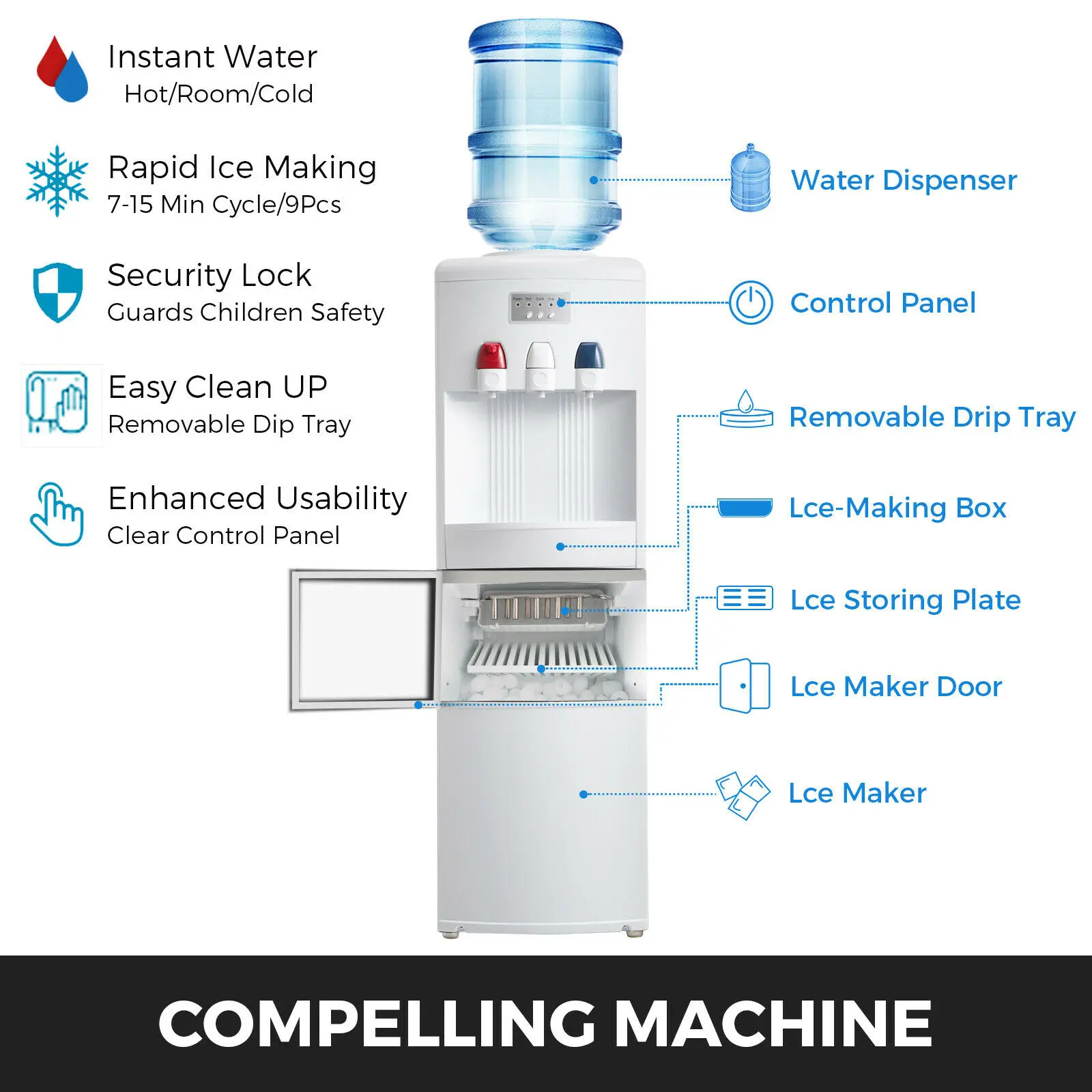 

Upright 2 In 1 Water Dispenser Cooler Ice Maker Portable Safety lock White