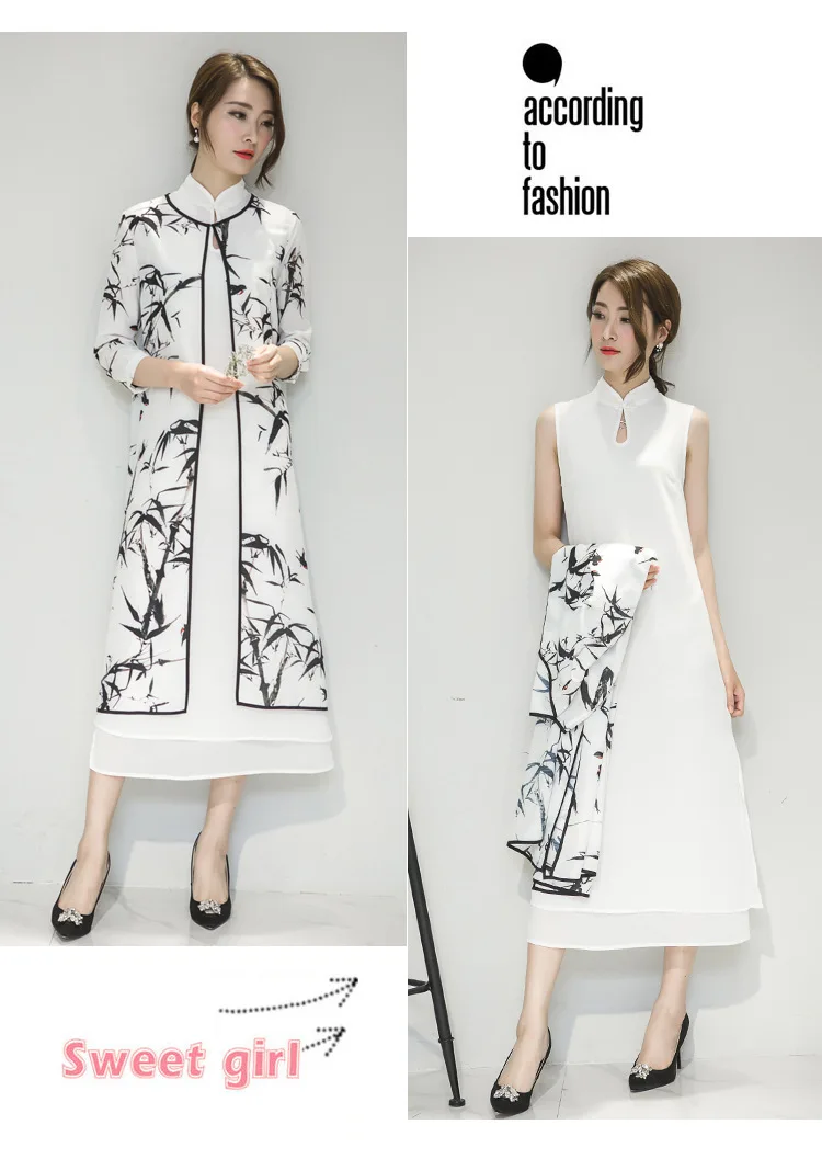 

Ladies Spring and Autumn 2020 Chinese style cheongsam loose waist ink printing seven-cent sleeves two-piece dress noble temperam