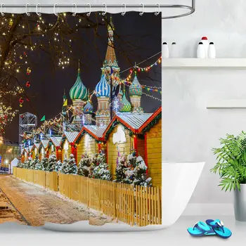 

New Year Christmas Moscow Red Square Shower Curtain Waterproof Fabric Bathroom