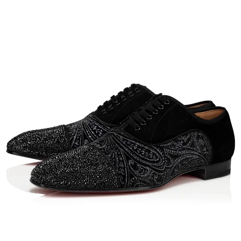 LOUBUTEN Luxury Black Suede Oxford Shoes For Men High Quality Rhinestone Dress Shoes Lace-up Red Bottom Party And Wedding shoes