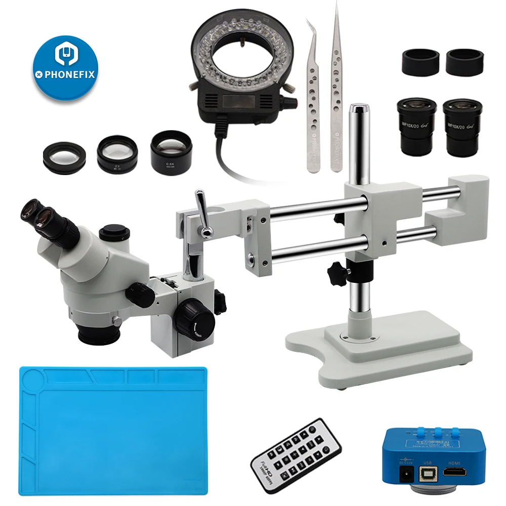  PHONEFIX 3.5~90X Simul-focal Trinocular Zoom Microscope on Double Arm Boom Stand with 14/16/21HDMI 