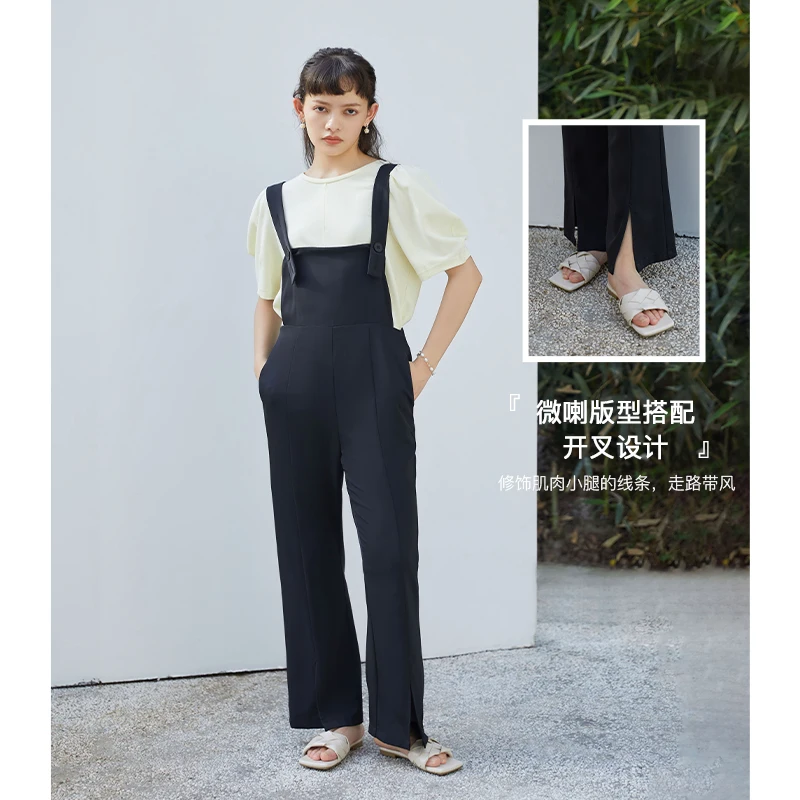ZIQIAO Japanese Petite Size Summer 2021 Black Slightly Split Overalls Casual Pants Trousers Twill Fabric Women Clothing