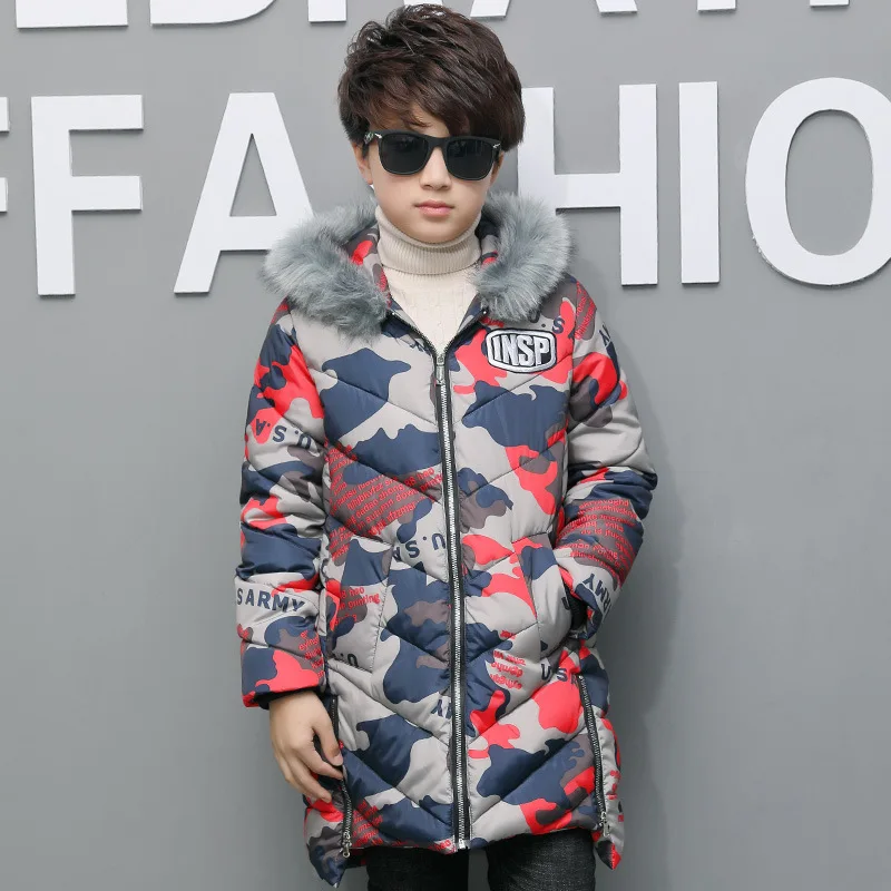 Детские зимние куртки для мальчиков, длинное теплое камуфляжное пальто с меховым капюшоном, Детская парка, одежда для мальчиков-подростков 8, 12, 15 лет - Цвет: Красный