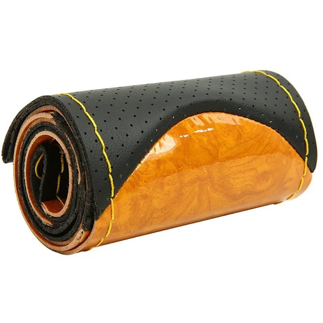 38cm Wooden Pattern Micfiber Leather Car Steering Wheel Cover Braiding Wheel Cover With Needle and Thread Silver