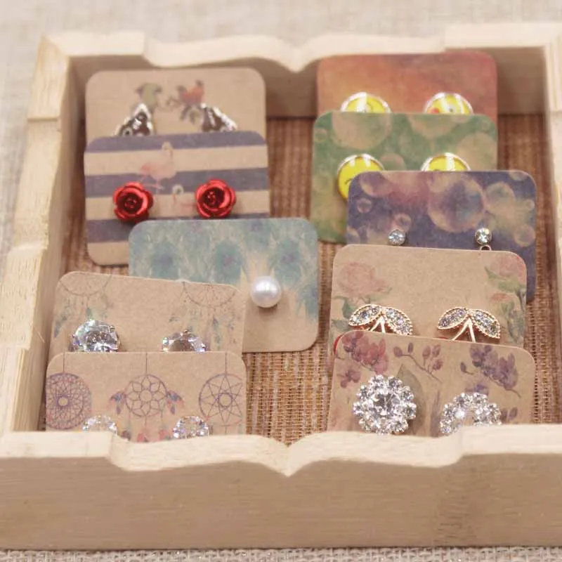 Jewelry Cards 100PC multi flower pattern small earring paper package card DIY handmad elegant stud earring card white kraft paper
