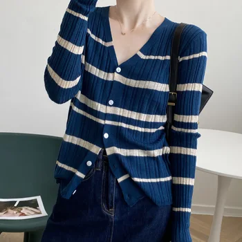 

Yeeloca Autumn Striped Knitted Short Sweater Women's Casual Slim V-neck Single Breasted Cardigan Korean Fashion Short Sweater