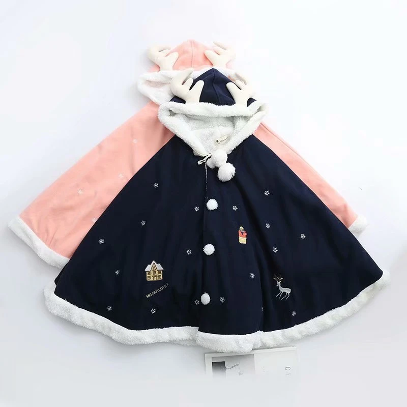 

Women Kawaii Cloak Christmas Little Reindeer Thick Warm Hooded Poncho Cape Coat Fashion Female Loose Holiday Outwear