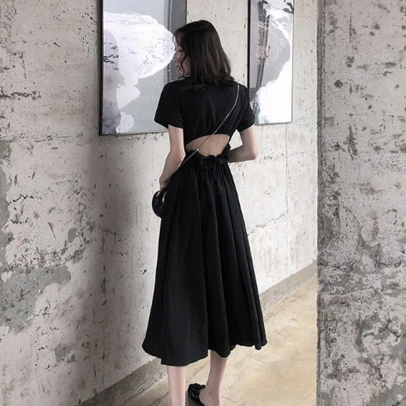 Милое женское платье миди с коротким рукавом и круглым вырезом, летнее эластичное черное платье с открытой спиной, тонкое повседневное шифоновое платье