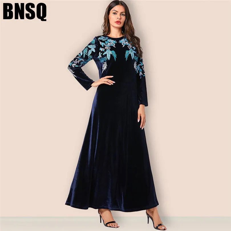 Solid Color Floral Embroidered Gold Velvet Dress Loose Large Size Simple Elegant Muslim Clothing Autumn Winter | Тематическая