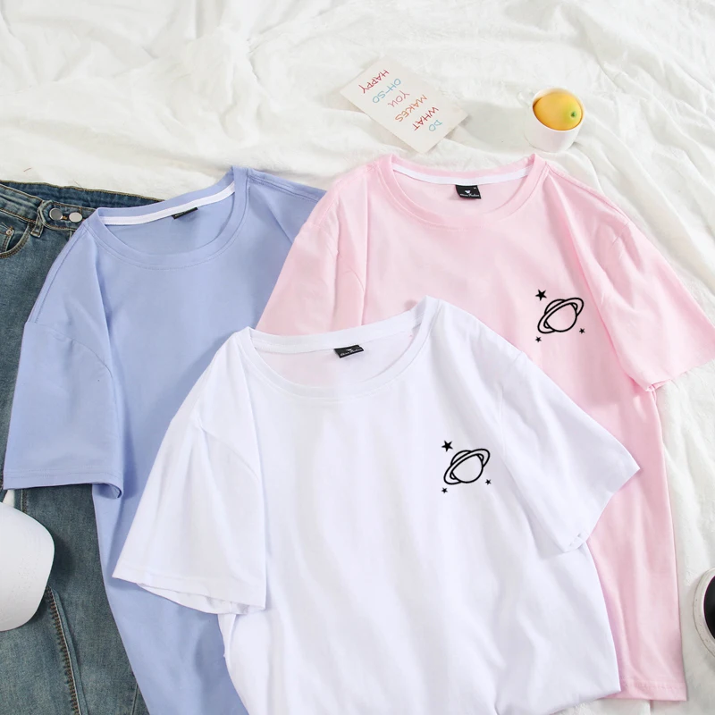 Women's Oversized T-Shirts y2k Summer Korean Fashion 100% Cotton Creative Planet Print Tops Unisex Harajuku Kawaii Woman Clothes | Женская