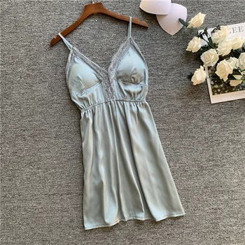 

Women Satin Nightgowns Ladies Nightgowns Silk V-Neck Night Dress Spaghetti Strap Lace Sleepshirts Sleep Lounge Sleepwear