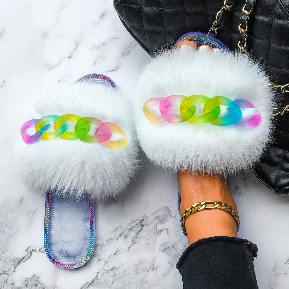 

Slippers Women Summer Color Chain Furry Fur Slides Sweet Ladies Flip Flops Transparent Sandals Flat Jelly Slippers Casual Shoes