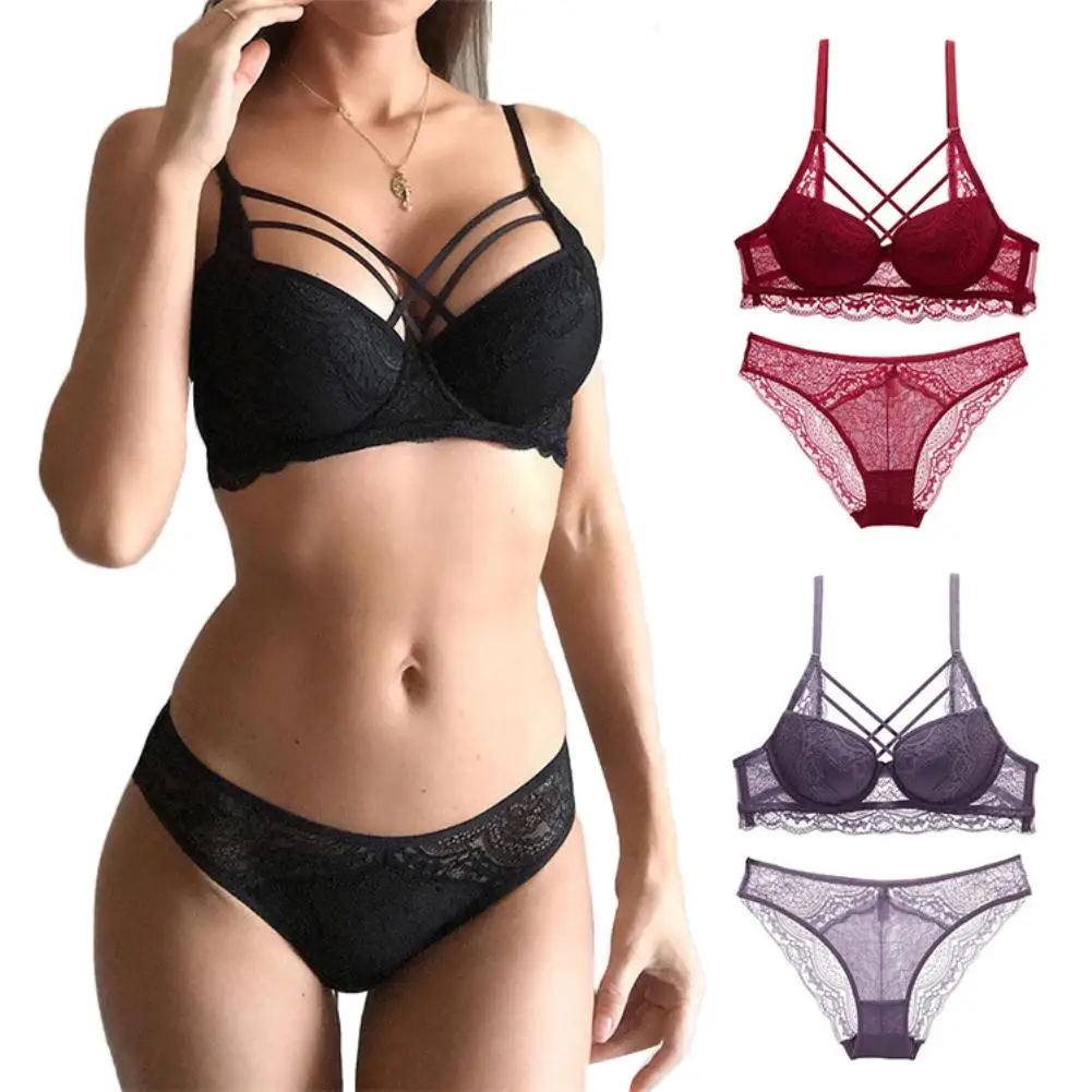Women Sexy Crossing String Padded Push Up Bra Brassiere Low Rise Briefs Underwear Set black red color female | Женская одежда