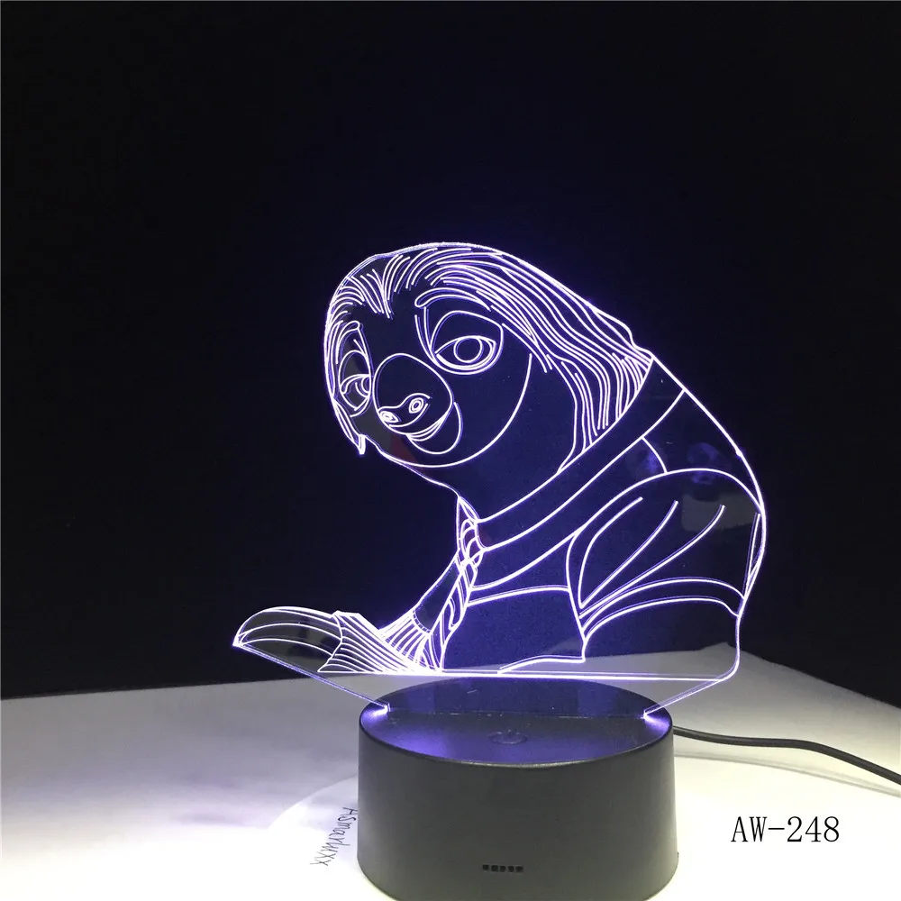 3D зверополис мультфильм Ленивец ночник 3D USB сенсорный выключатель дистанционное управление акрил 7 цветов градиент атмосферные лампы освещение 248