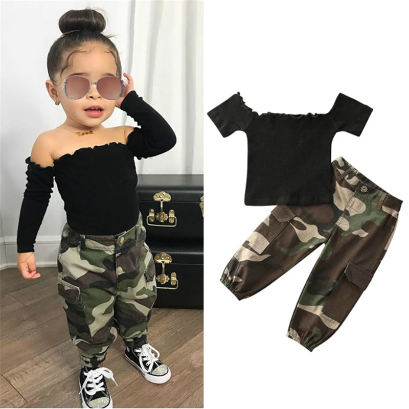 Kids Clothing Set, Kids T Shirt, Girls Clothing Set 1-6Y Fashion Kids Baby Girl Clothing Girl Outfits Black Short Sleeve Off Shoulder T-shirt Tops+Camouflage Pants Outfit 2pcs
