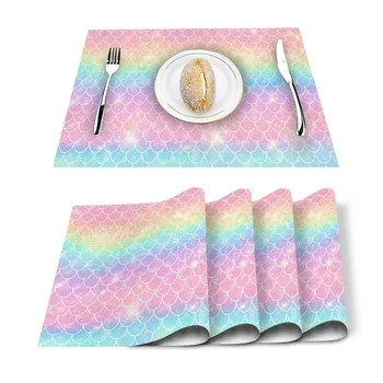 

Mermaid Scales Ocean Rainbow Kitchen Placemat for Dining Table Non-slip and Heat-insulating Table Mat Table Decoration