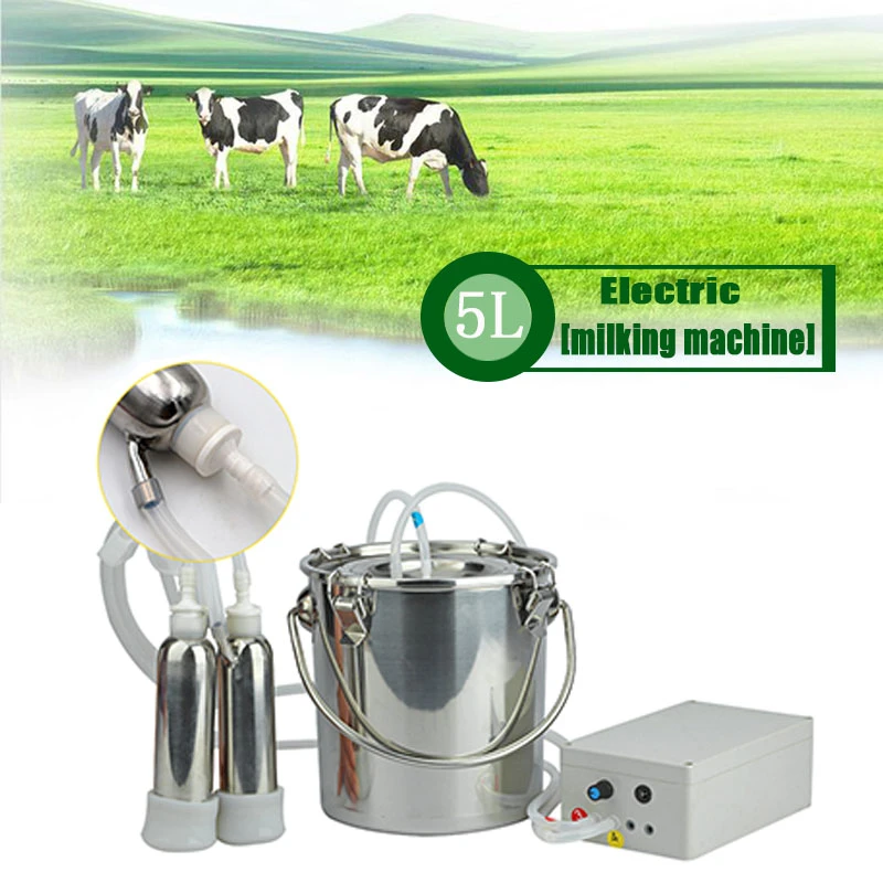 SHIJING 5L Upgraded Version Double Head Electric Cow Goat Sheep Milking Machine Vacuum Pump Stainless Steel Bucket 220V Milking Machines,1 