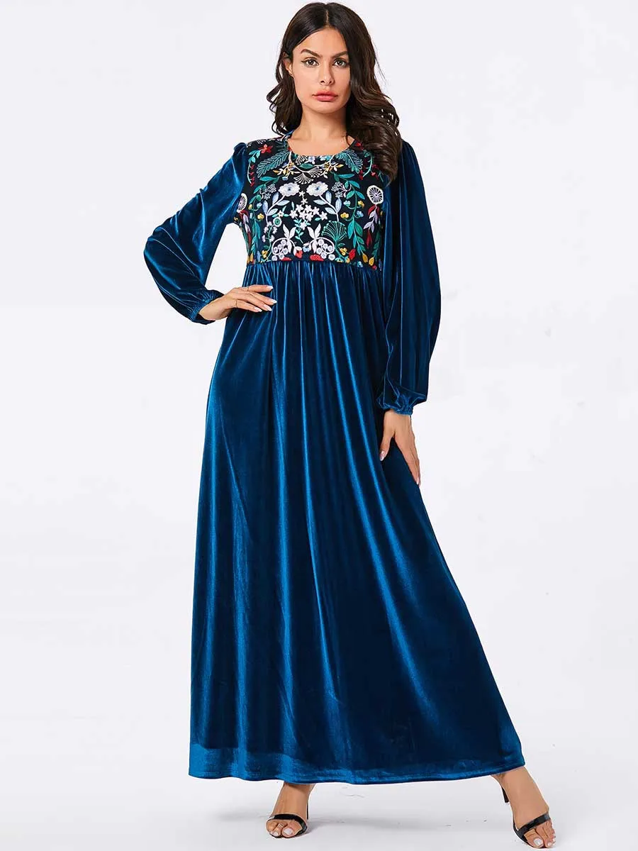 Мусульманское платье, мусульманская одежда, голубое вышитое растение, кафтан Marocain abaya Femme Musulman Robe, арабское Повседневное платье