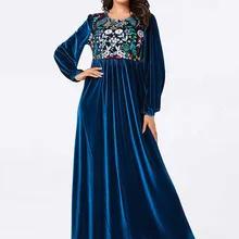 Мусульманское платье, мусульманская одежда, голубое вышитое растение, кафтан Marocain abaya Femme Musulman Robe, арабское Повседневное платье