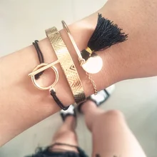 3 шт./компл. богемные браслеты женские модные геометрические кисточкой Кожаный тканый золотой браслет набор очаровательные ювелирные аксессуары