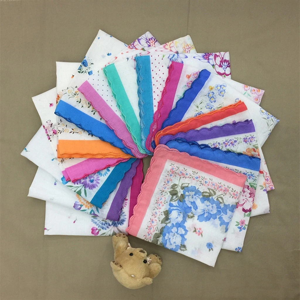 12X Womens Beauty Floral Printed Handkerchief Wendding Party Cotton Blend Hanky