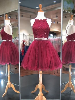 

Hot Sale Women Two Pieces Set Lace Appliques Beads Tulle Unique Cocktail Homecoming Party Dresses