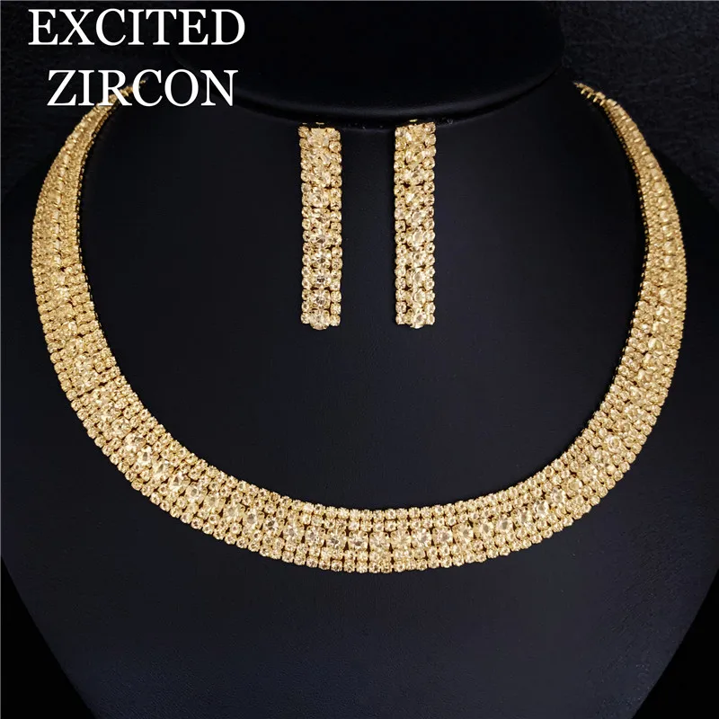 Women’s Exquisite Jewelry Set Wedding Bride Bridesmaid Party Jewelry Zircon Rhinestone Stud Earrings and Necklace Gift