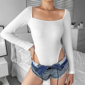 

Female's Autumn Slim Playsuit New Sexy Square Collar Long Sleeves Bodycon Rompers Ladies Casual White Color Leotard Jumpsuit Hot