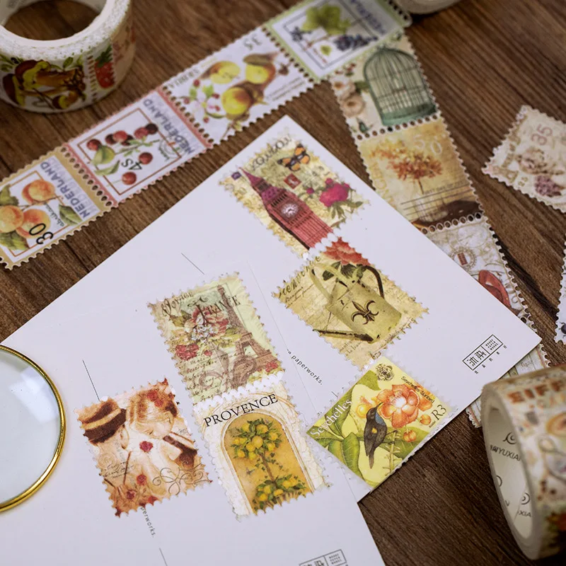 레트로 스탬프 우표 시리즈 Washi 테이프 식물 버섯 장식 접착 테이프 DIY Scrapbooking 스티커 라벨