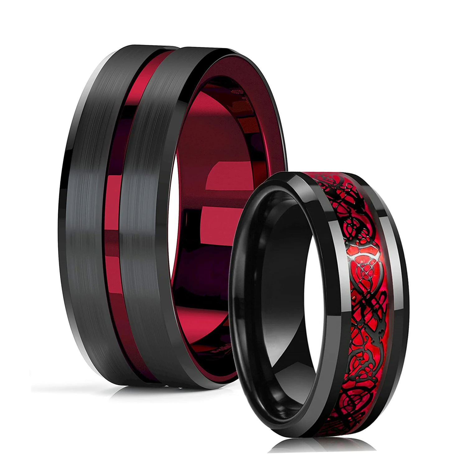 Anillo de boda de tungsteno rojo de 8mm para hombre y mujer, de carburo de tungsteno negro con incrustaciones de dragón celta Retro, anillo de fibra de carbono rojo|Anillos| - AliExpress