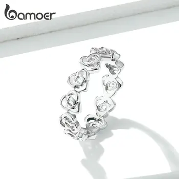 

bamoer Rose Flower Stackable Finger Rings for Women Openwork Floral Original Design 925 Sterling Silver Jewelry GAR059