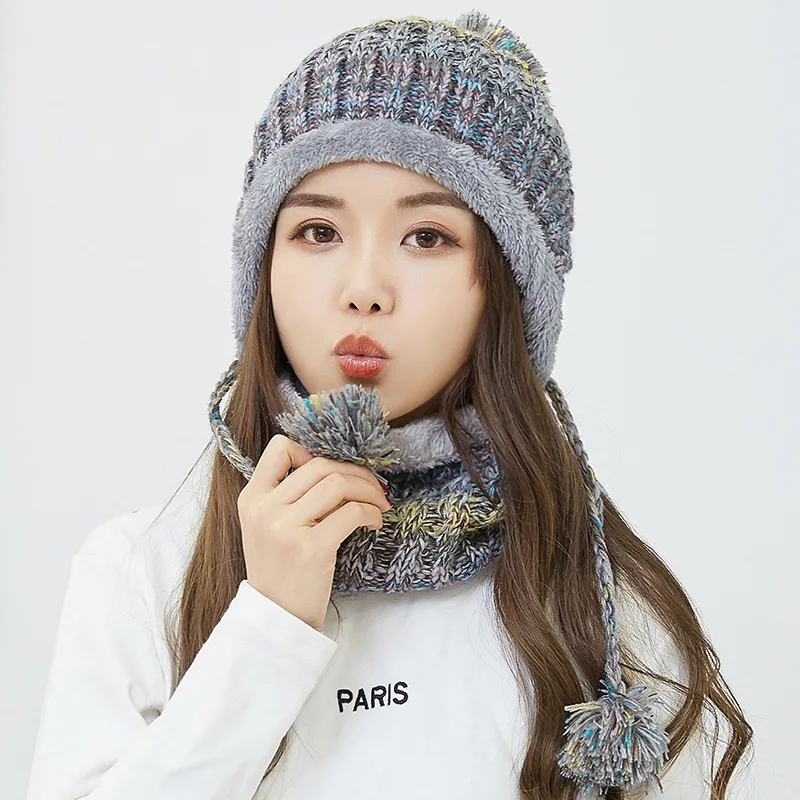 GREY Fashion Winter Hat Scarf Set For Women Girl Warm Beanies Cap Lady Ring Scarf Pompoms Winter Hats Knitted Caps Scarf 2 Pieces - Цвет: GREY