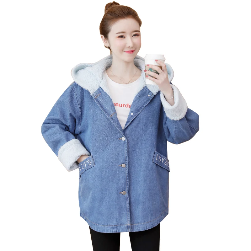 

Over-size4XL Women Vintage Winter Thicken Plush Fur Hooded Fashion Loose Jean Warm Coat Female Long Sleeve Denim Jacket Outwear