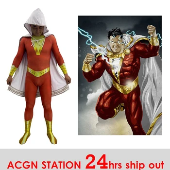 

Captain Marvel Costume Shazam Billy Costumes Billy Batson Costume Cloak Suit with Brooch Superhero Bodysuit Halloween Costume