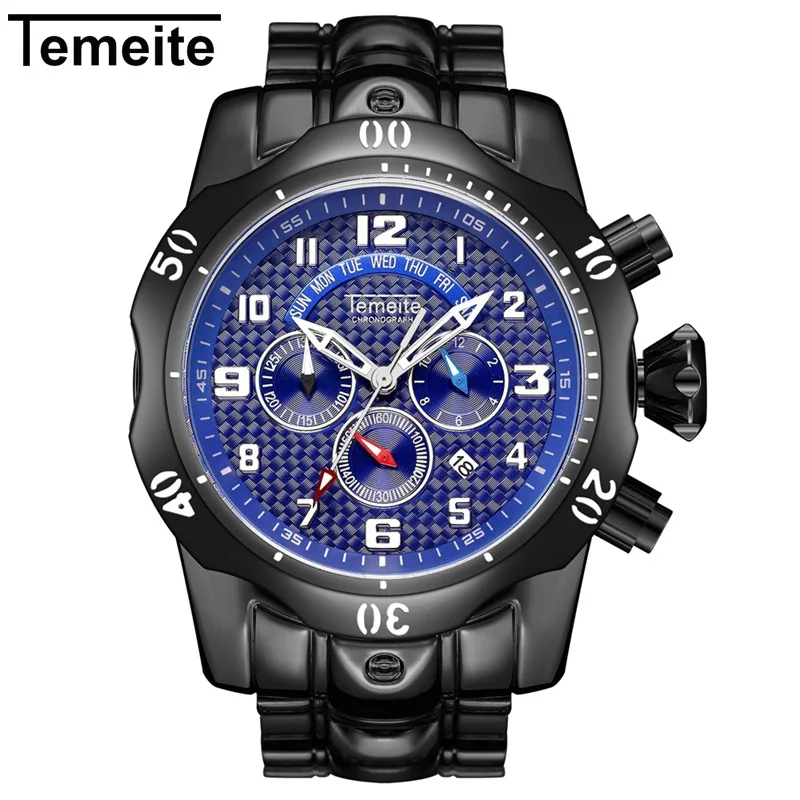 black blue Temeite спортивные мужские часы с 6 стрелками модные золотые часы из нержавеющей стали мужские часы водонепроницаемые мужские часы люксовый бренд Relogio - Цвет: black blue