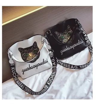 

FIRMRANCH Women's Mother Bag Sequined Cat Head Shoulder Bag Personalized Large Capacity Lychee Pattern Crossbody Bag