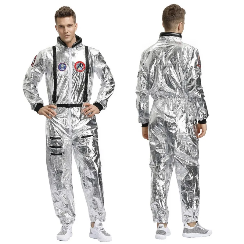 

Halloween Costume Astronaut Male Female Space COS Clothing Dazzling Coated Onesies Silver Men Jumpsuit M-XL