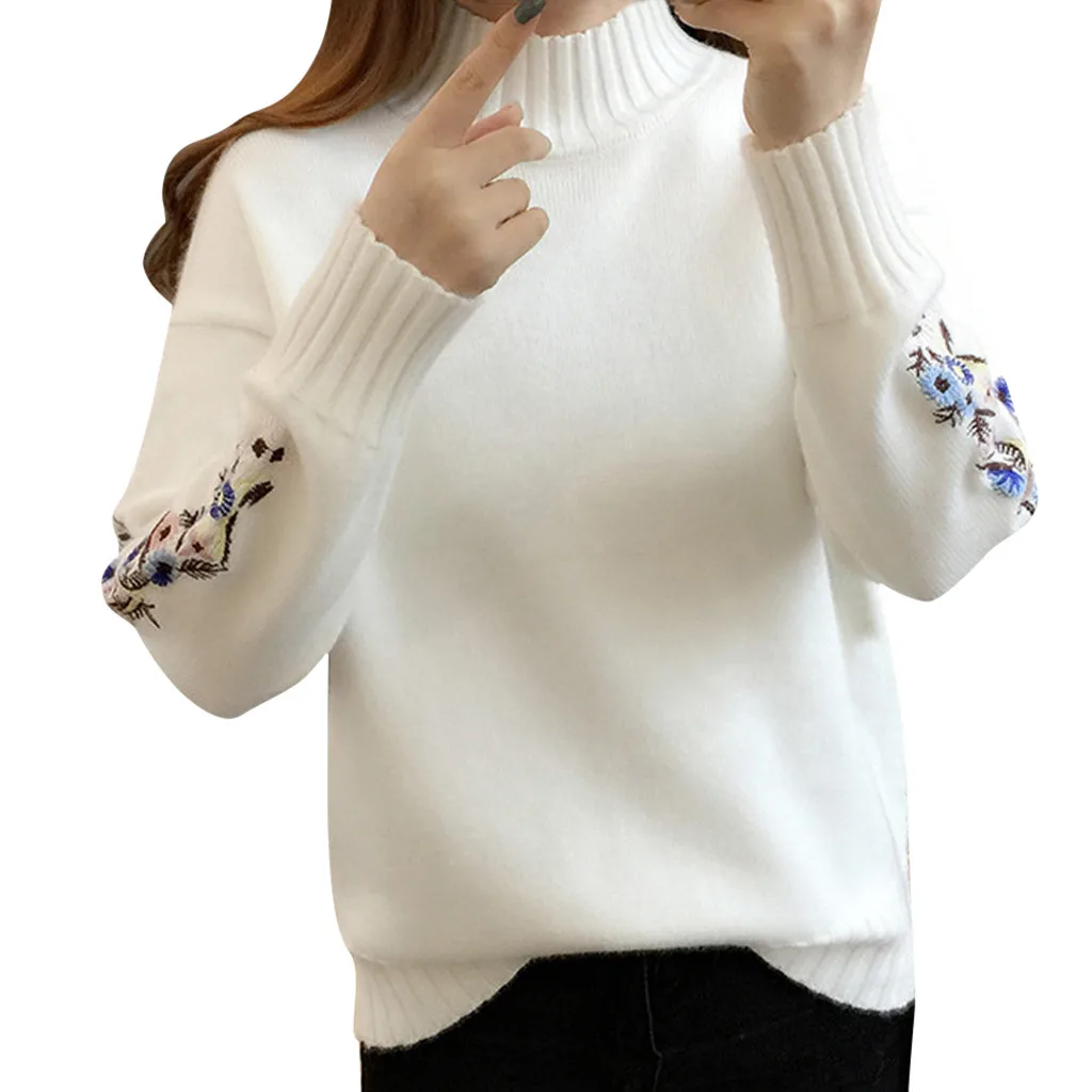 Осенне-зимний женский свитер, пуловер с вышивкой, водолазка, вязаные базовые Топы, одежда с длинным рукавом,, белый, Pull Femme Hiver - Цвет: White
