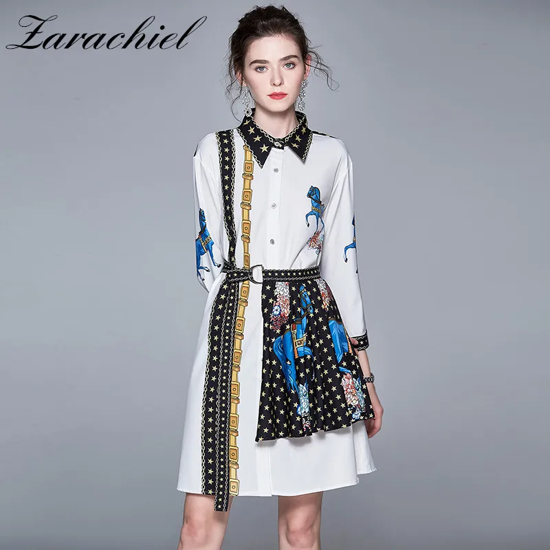 

Autumn Luxury Print 2 Pieces Set Women's Long Blouse Shirt + Mini Overlay Star Print Lace-up Skirt Sets Ladys 2PCS Clothing Suit