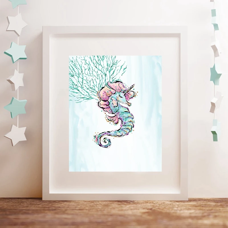 

Seahorse Mermaid Print Nordic Poster Girls Bedroom Wall Decoration Watercolor Cartoon Picture Nursery Wall Art Canvas Painting