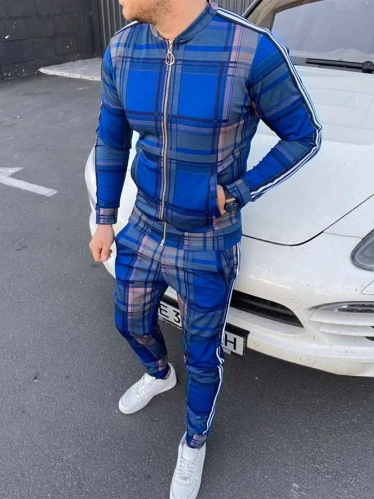 

Colorful plaid Track suit Men Set Mens Sportsuits Set Fitness Suits autumn Sleeve stripe jacket+Pants Gyms Casual Sportswea Suit