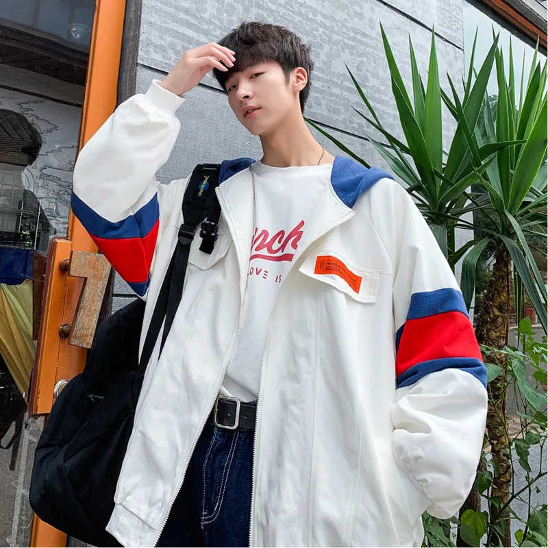 

Autumn New Jacket Men Fashion Contrast Color Letter Printing Casual Hooded Sportswear Streetwear Hip Hop Loose Bomber Jacket