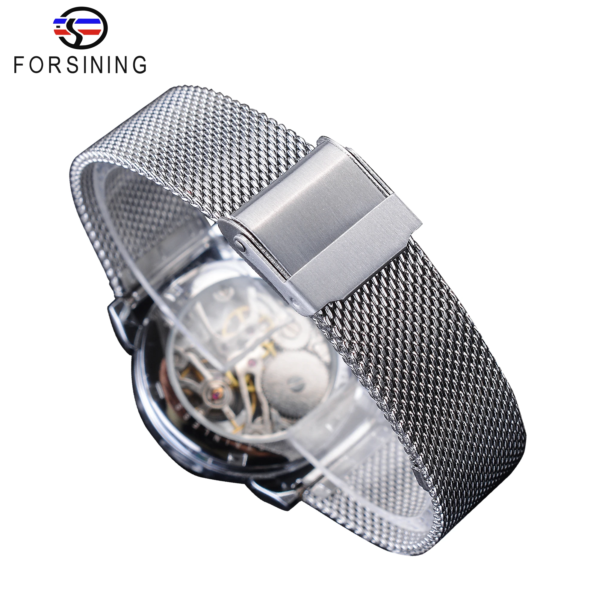Forsining Fashion Luxury Silver Skeleton Women Mechanical Watch Roman Numerals Transparent Watches Stainless Steel Clock
