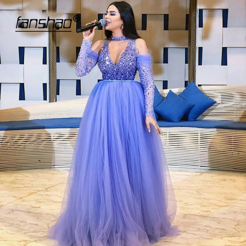 

Lilac Muslim Evening Dress V-Neck Heavy Beading Long Sleeves Tulle Illusion Islamic Dubai Saudi Arabic Evening Gown Prom Dress